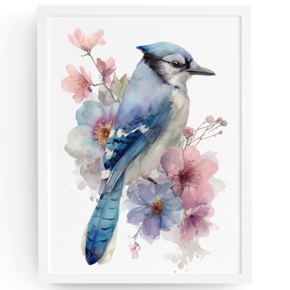 Watercolor Floral Blue Jay Art Print - Unframed Wall Decor